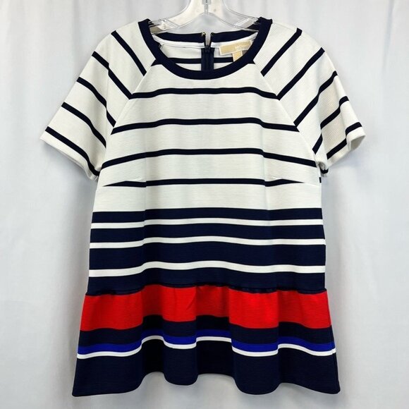 Michael Kors Womens Peplum Top Multicolor Stripe Short Sleeve Stretch Zip L - Picture 1 of 11